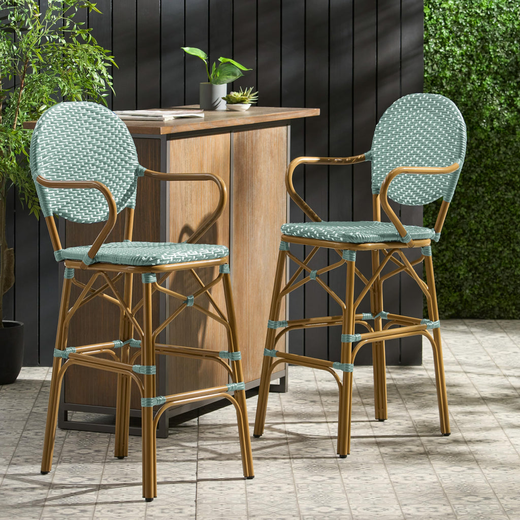 Teal Bamboo Print Wicker Aluminum Bar Stools Set of 2 R684