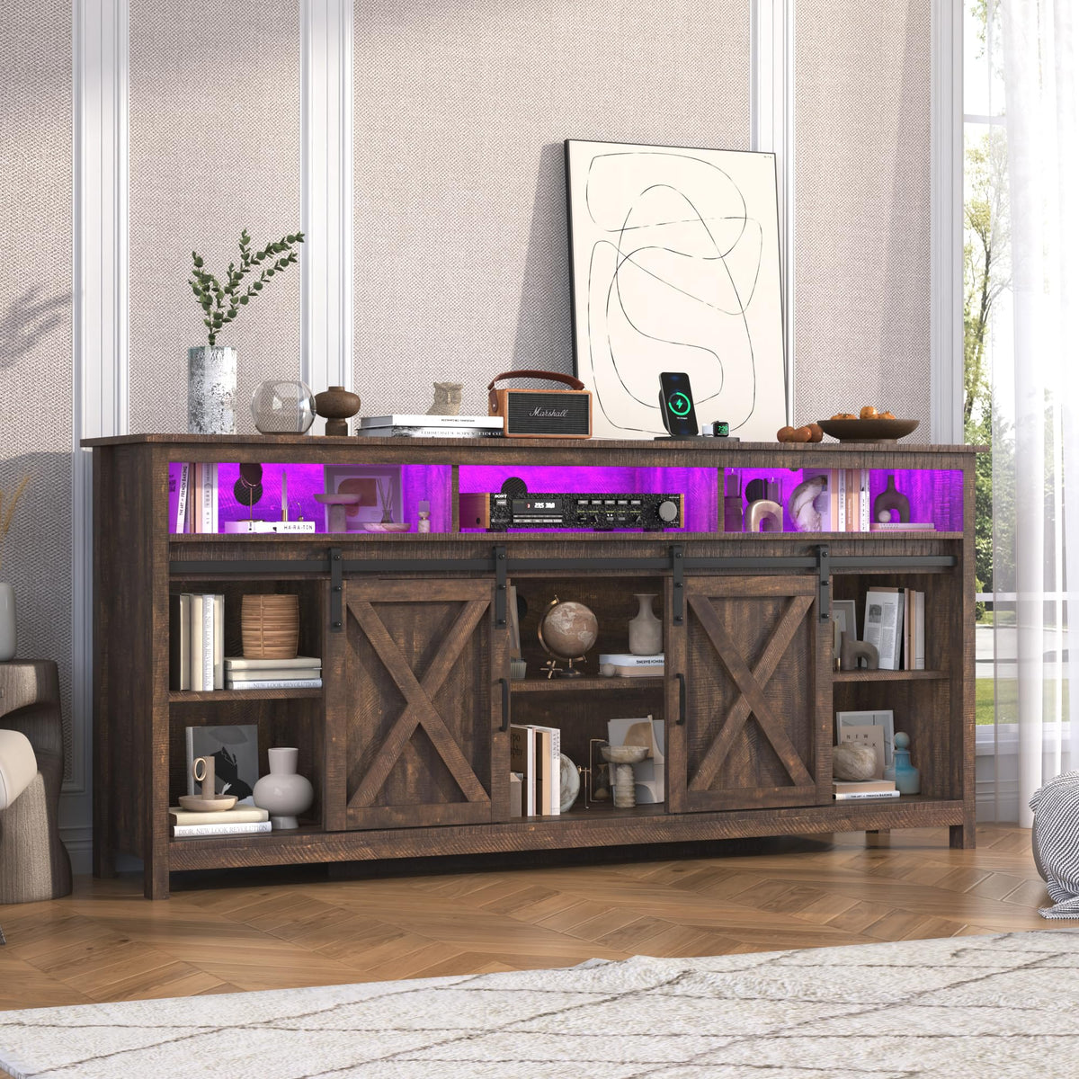Farmhouse TV Stand with Power Outlet and Sliding Barn Doors Z9295