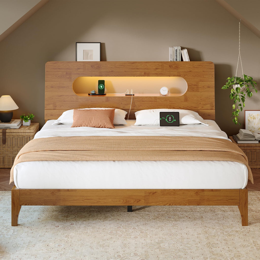 Queen Size Solid Wood Bed Frame with Storage Headboard, Brown K66981