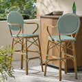 Teal Bamboo Print Wicker Aluminum Bar Stools Set of 2 R684