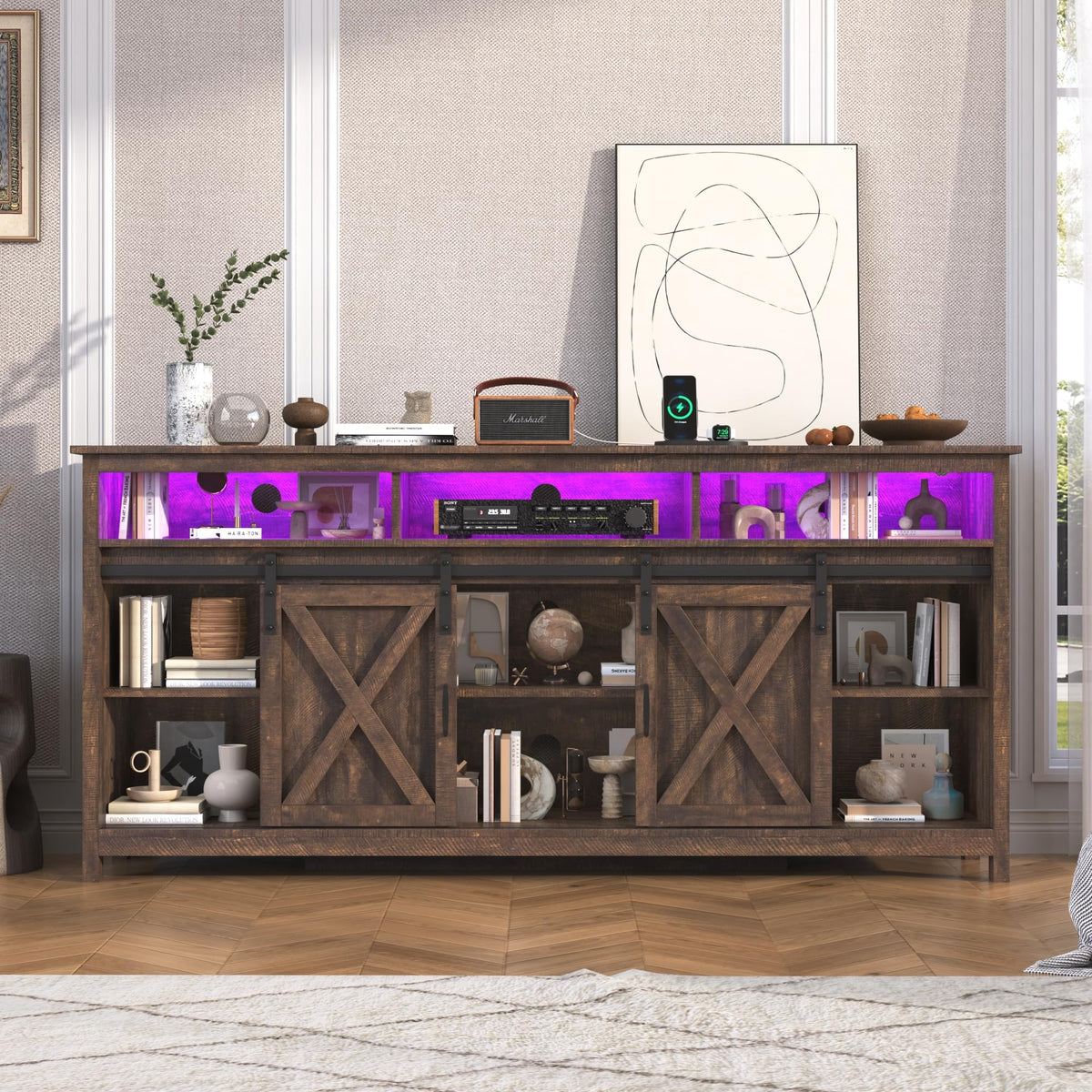 Farmhouse TV Stand with Power Outlet and Sliding Barn Doors Z9295