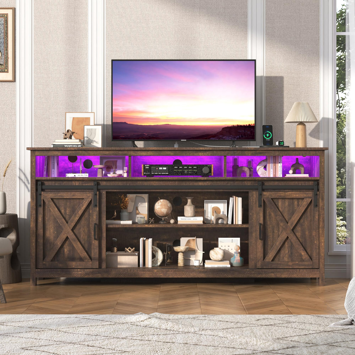 Farmhouse TV Stand with Power Outlet and Sliding Barn Doors Z9295