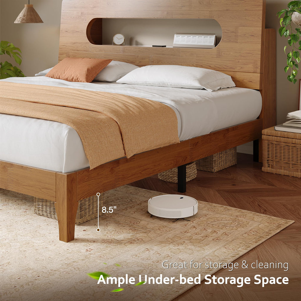Queen Size Solid Wood Bed Frame with Storage Headboard, Brown K66981