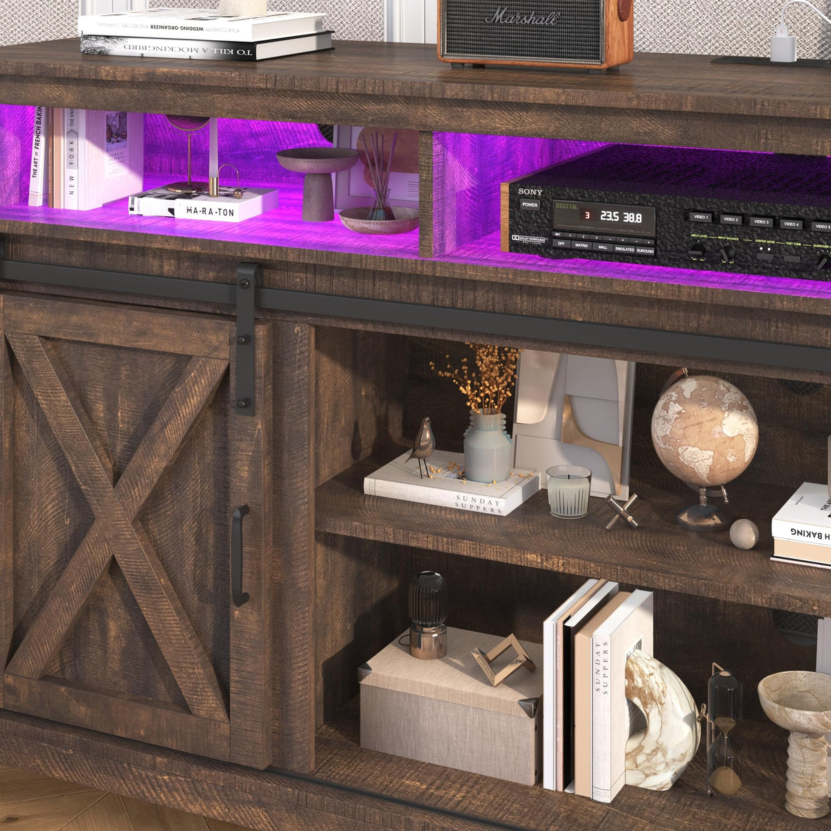 Farmhouse TV Stand with Power Outlet and Sliding Barn Doors Z9295