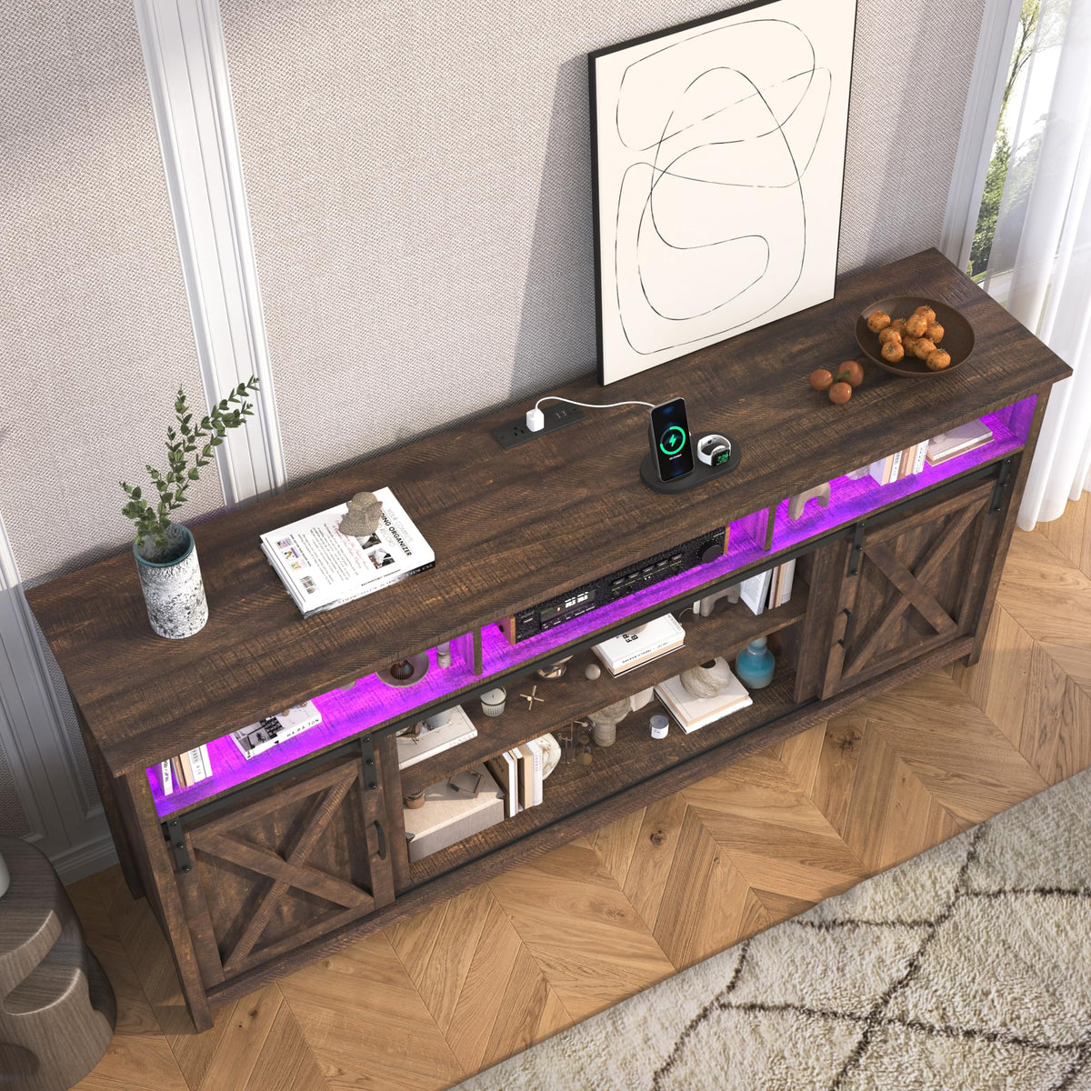 Farmhouse TV Stand with Power Outlet and Sliding Barn Doors Z9295