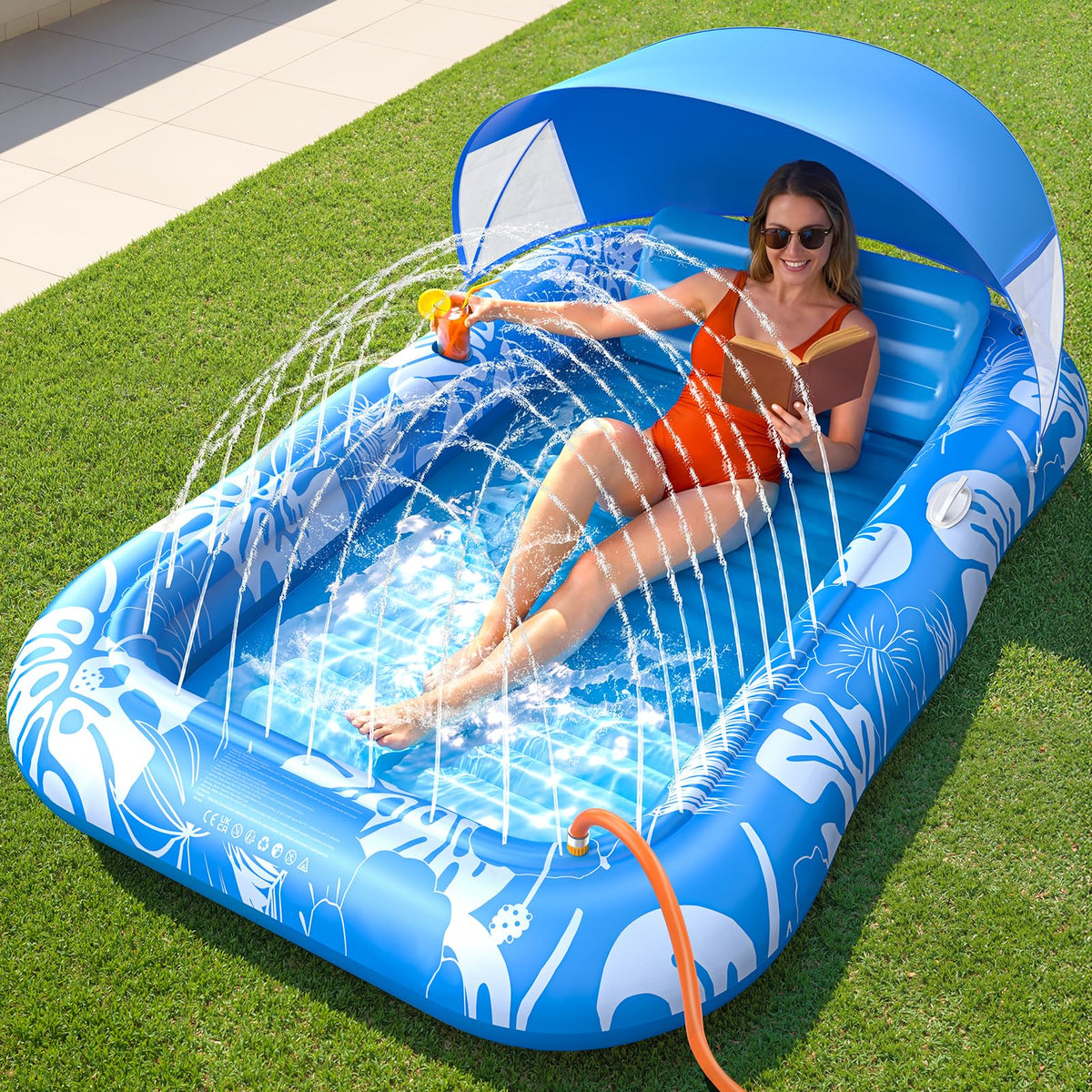 Inflatable Tanning Pool Lounger Float with Sprinkler, Pillow & Cup Holder O6436